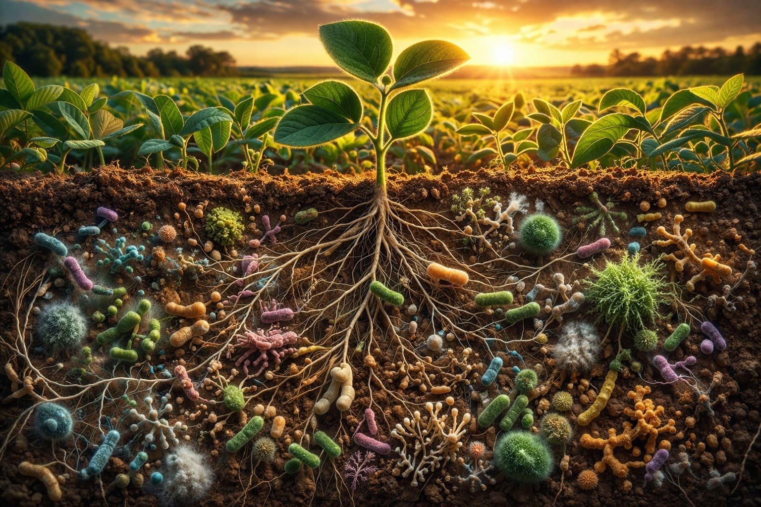 Ilustração de planta jovem com raízes e microrganismos no solo Ilustração de planta jovem com raízes e microrganismos no solo